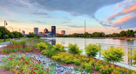 The beautiful landscape along the riverwalk makes Rochester, New York a beautiful place to live.