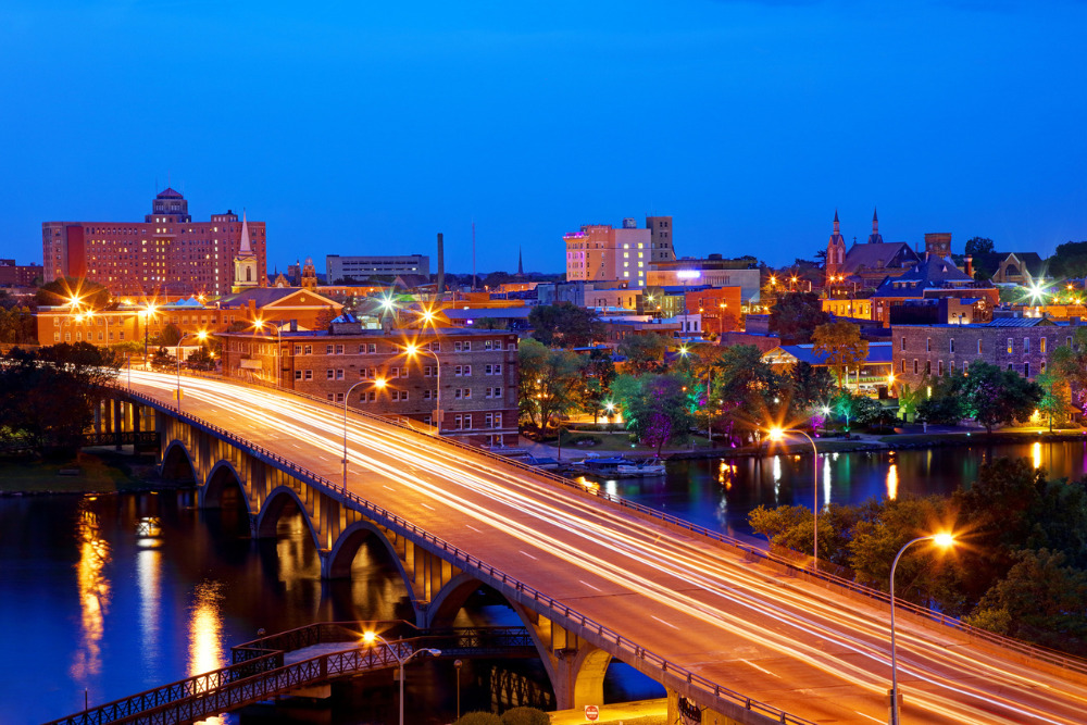 A view of the evening lights in downtown Rockford, Illinois. Rockford is a best place to live in Illinois.