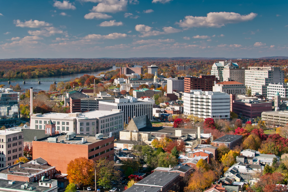 An aerial shot of Trenton, New Jersey on a sunny afternoon in Fall.
