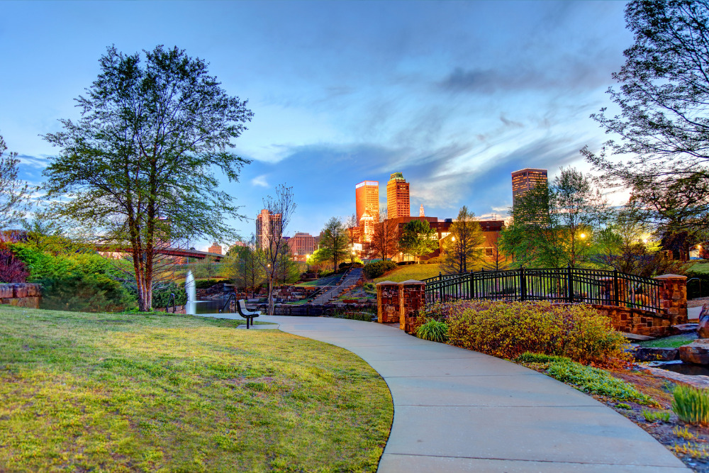 A view of the cityscape from a park in Tulsa, Oklahoma. 