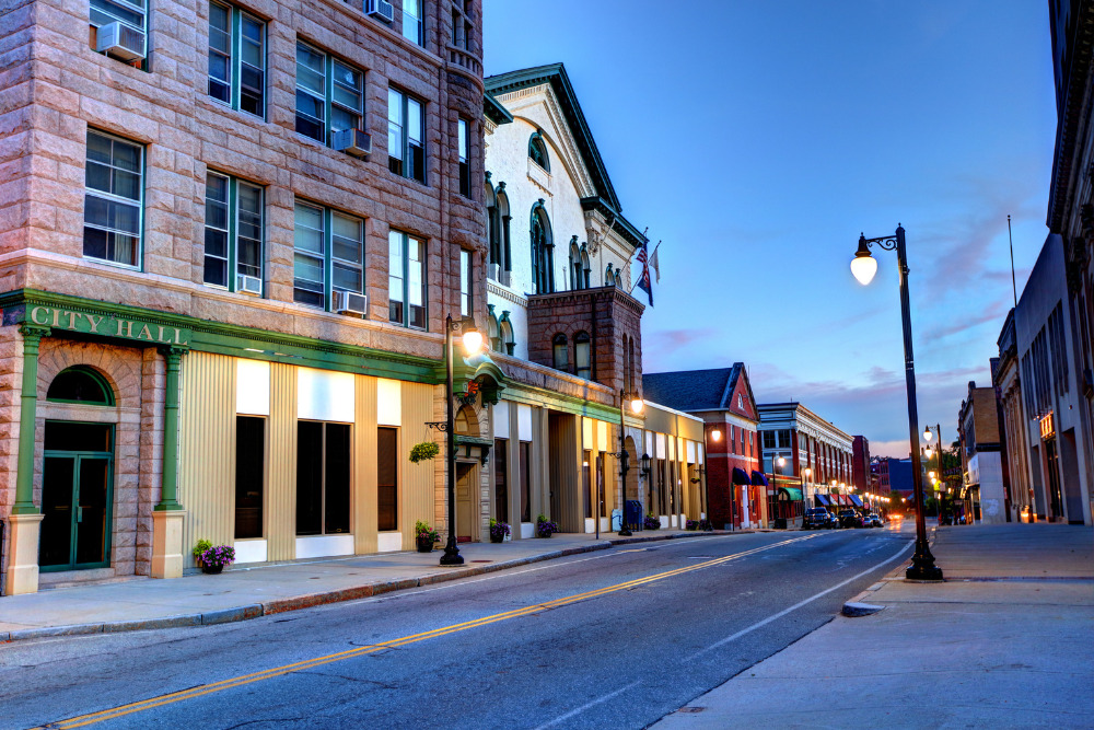 A view of city hall in downtown Woonsocket, Rhode Island. Woonsocket is a best place to live in Rhode Island.