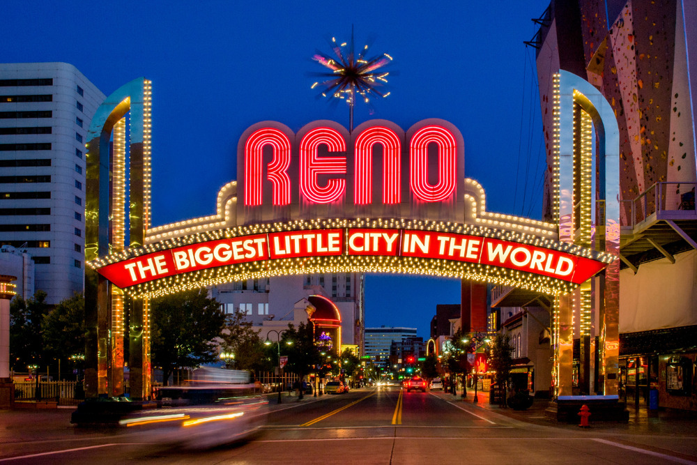 A view of the iconic welcome sign in Reno, Nevada.