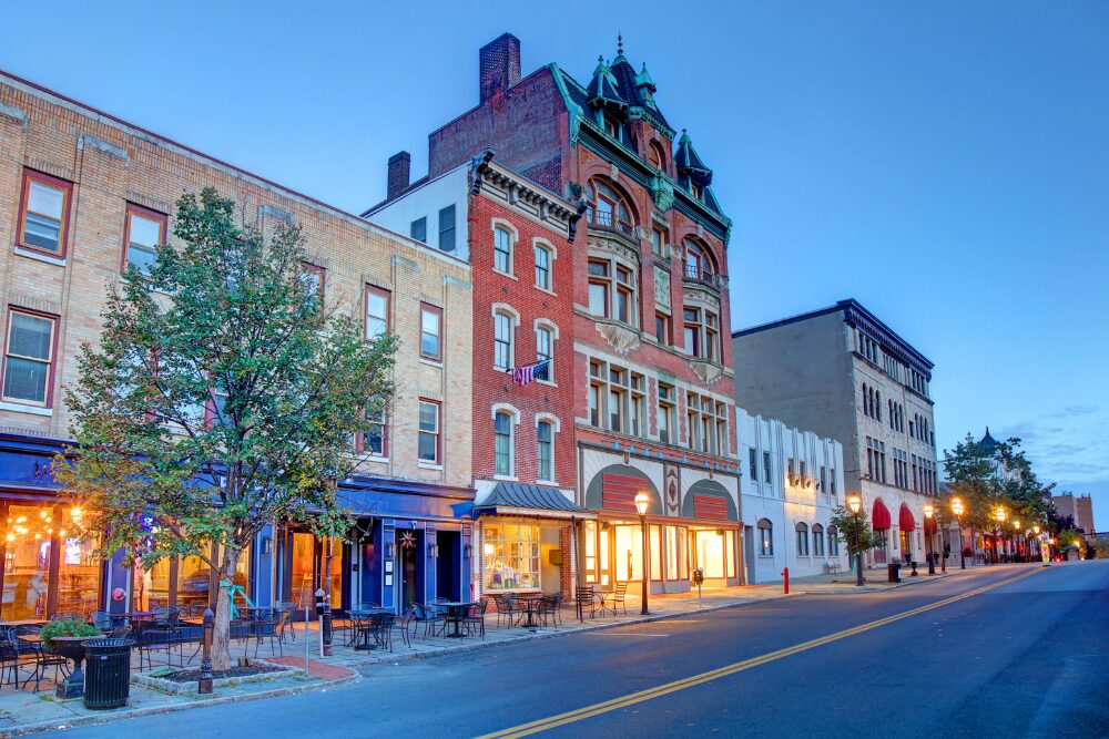 A view of downtown Bethlehem, Pennsylvania during sunset.