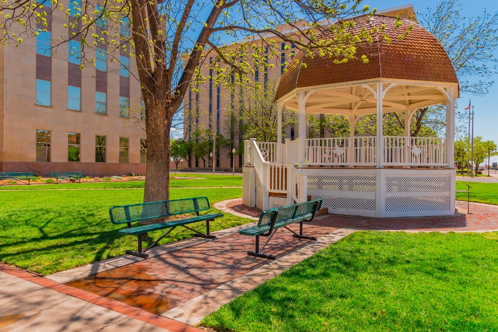 Lubbock Town square with Gazebo in downtown area.  Lubbock is one of the best cities to live in the Southwest.
