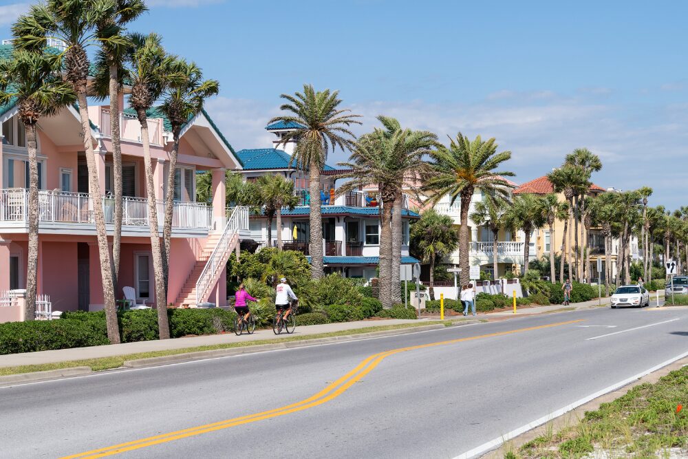 A view of the colorful beachfront houses in the Florida panhandle in Miramar Beach. Florida is one of the best states for retirement in the U.S.