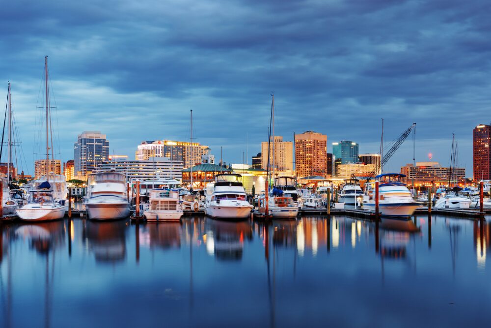 Chesapeake Bay during sunset in Norfolk, Virginia. Virginia is one of the best states for retirement.
