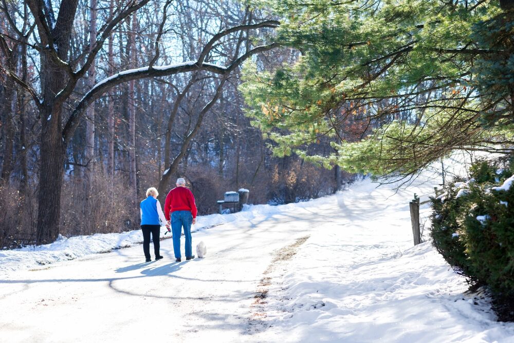 Senior couple walk their little white dog outdoors on a snowy day in Minnesota.