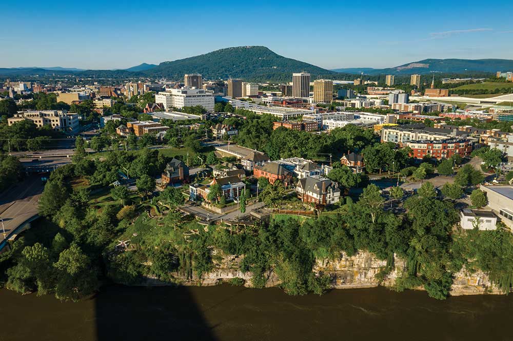 Outdoor recreation Chattanooga is just one of the many amenities available to talent seeking Greater Chattanooga jobs.  Aerial view of the Bluffview Art District of downtown Chattanooga, Tennessee. Drone photo ©Journal Communications/Jeff Adkins