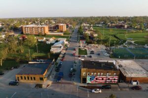 An Aerial view of The 13th Street District of Marsahalltown, Iowa. Drone photo. ©Journal Communications/Jeff Adkins