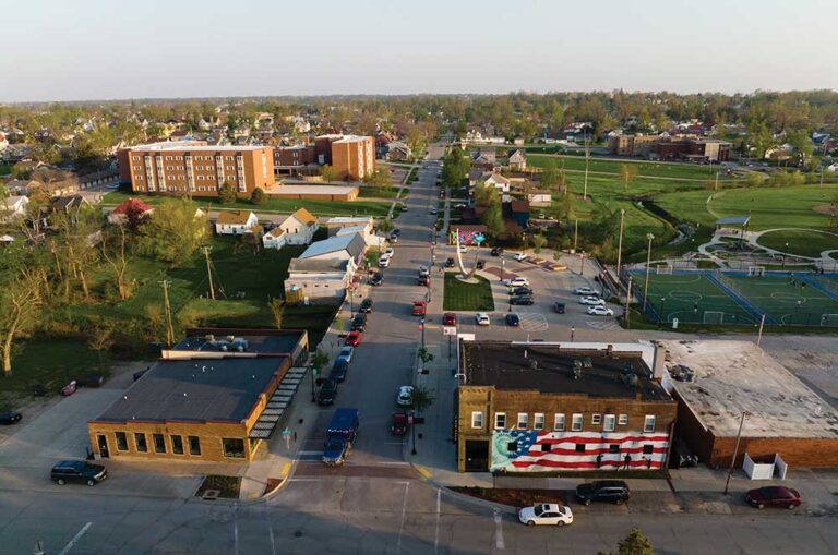 An Aerial view of The 13th Street District of Marsahalltown, Iowa. Drone photo. ©Journal Communications/Jeff Adkins