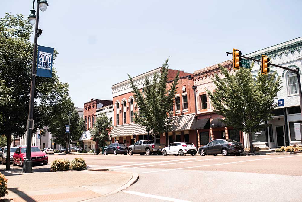 Shops line the streets of downtown Jackson, Tennessee.