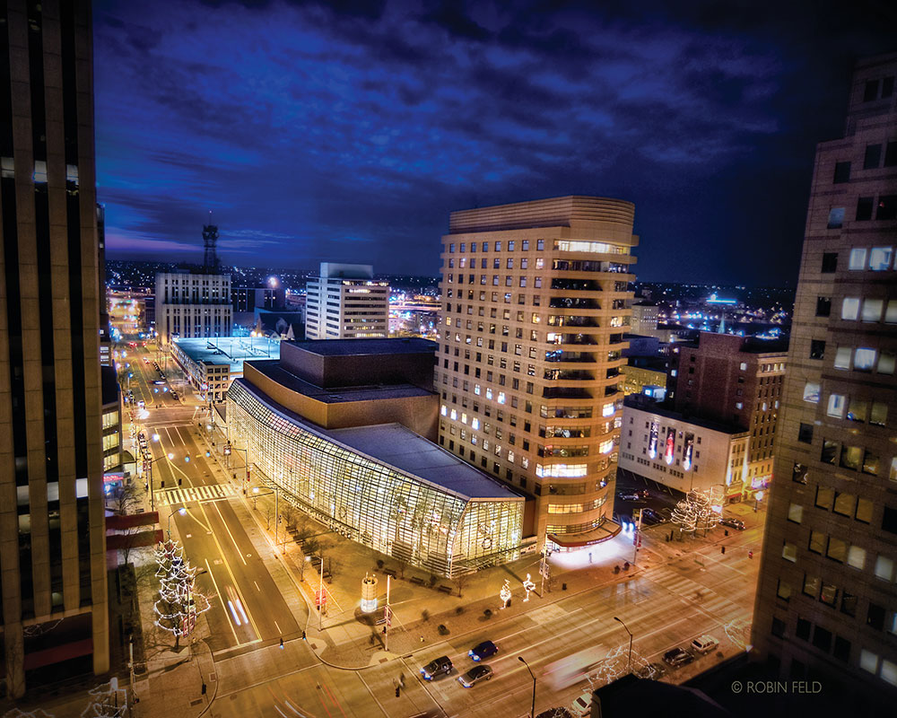 Aerial view of the Benjamin & Marian Schuster Performing Arts Center