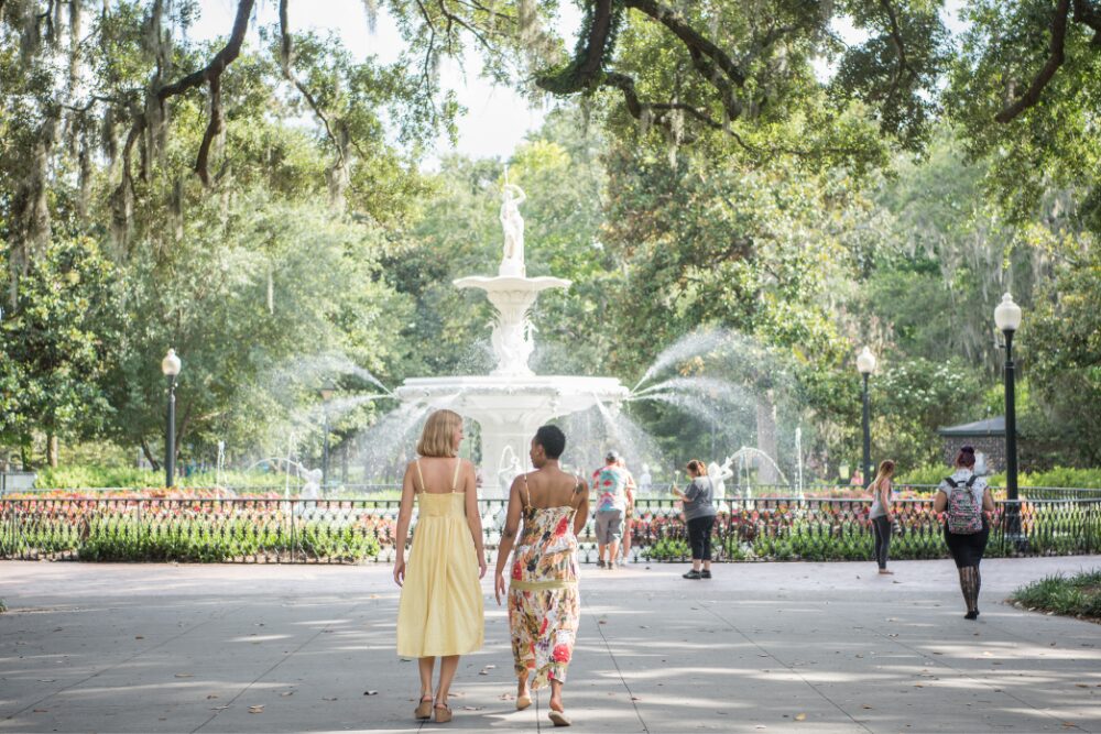 Women Stroll in Forsyth Park in Savannah GA
