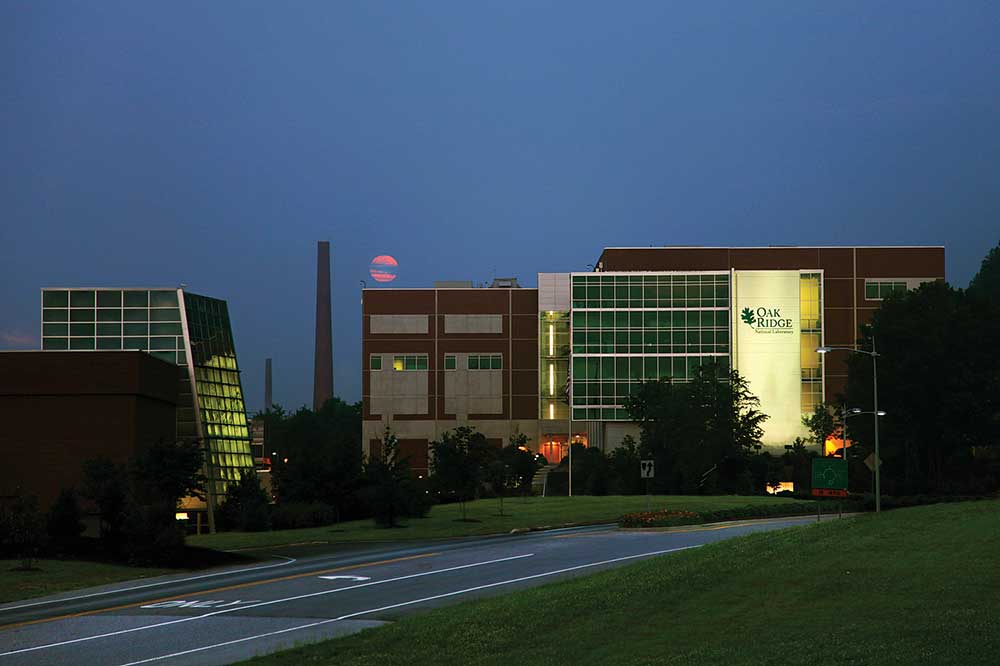 Morning view of ORNL's Visitor Center (left) and Multiprogram Research Facility (right).