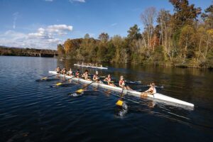 The Oak Ridge Rowing Association's Atomic Rowing team practices on Melton Hill Lake in Oak Ridge, Tennessee.