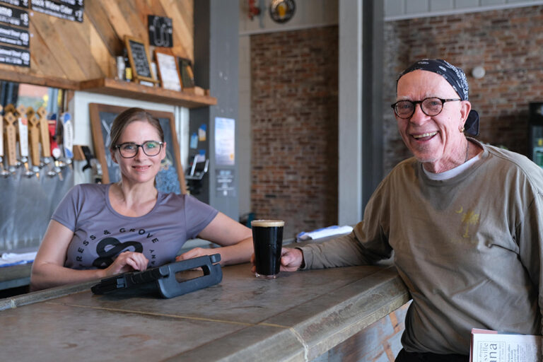 Katrina Finnel and Darden Pyron pose for a photo at Cypress & Grove Brewing Co., a microbrewery in Gainesville, FL. It's one of several breweries in Gainesville, FL.