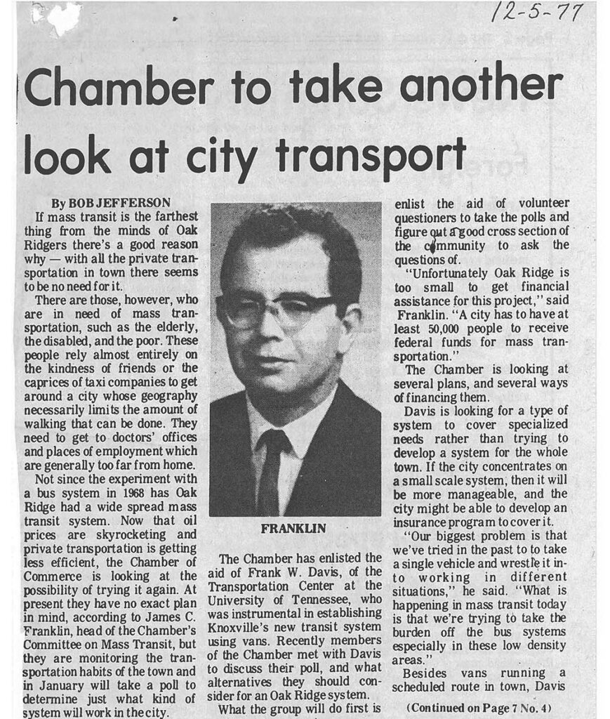 Newspaper clipping about transportation in Oak Ridge, TN.