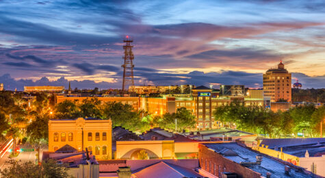 Downtown Gainesville, FL, at night.