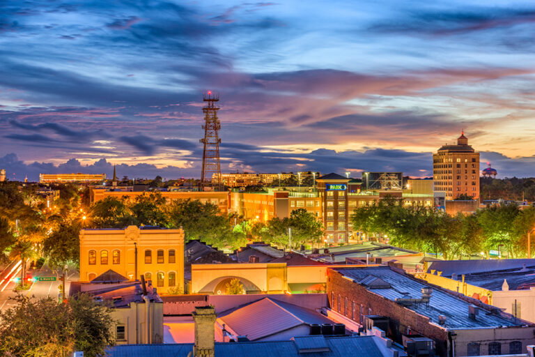 Downtown Gainesville, FL, at night.
