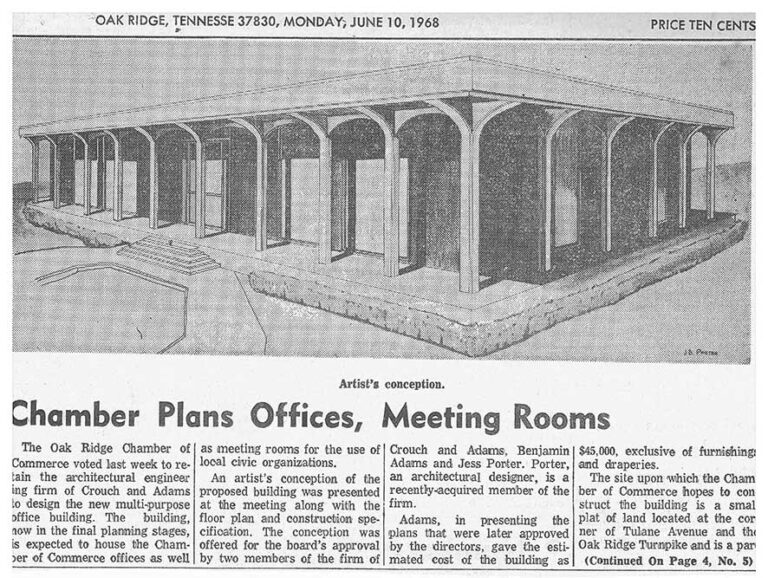 Newspaper clipping highlighting the design of a new multi-purpose office building to be used by the Oak Ridge Chamber of Commerce.