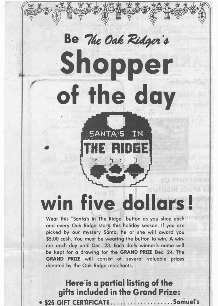 Newspaper clipping promoting the Oak Ridge Shopper of the Day.