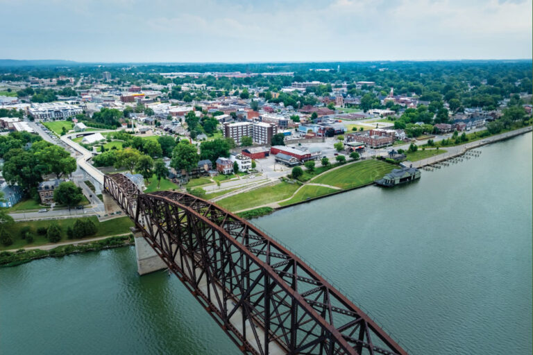 Aerial view of the Big Four Pedestrian Bridge that crosses the Ohio River from Southern Indiana into Kentucky