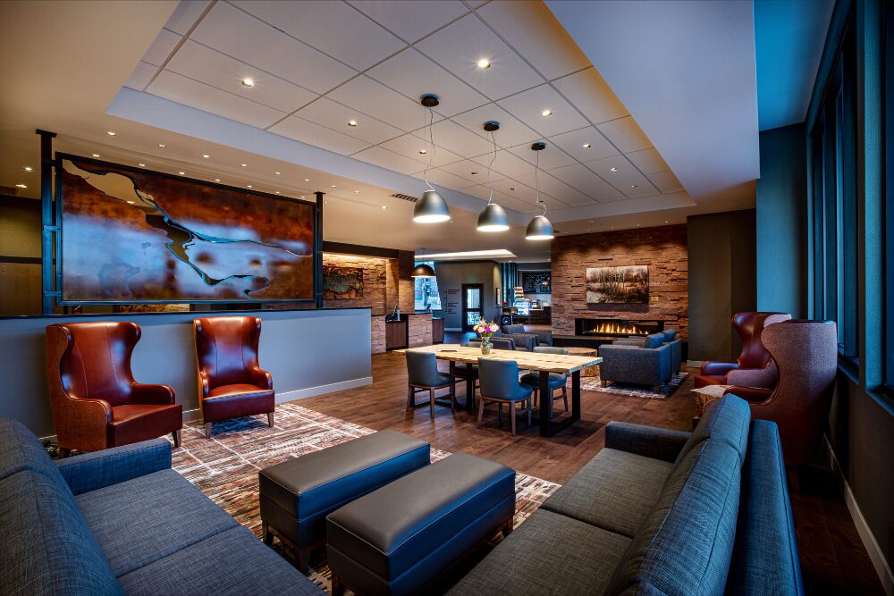 A view of the lobby of Hotel Maverick at Colorado Mesa University.