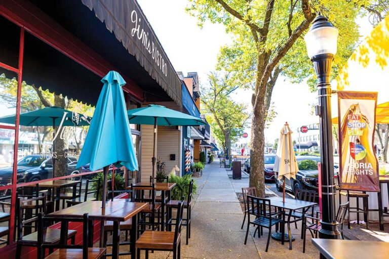 Streetscape outside Jim's Bistro in Peoria, Illinois.