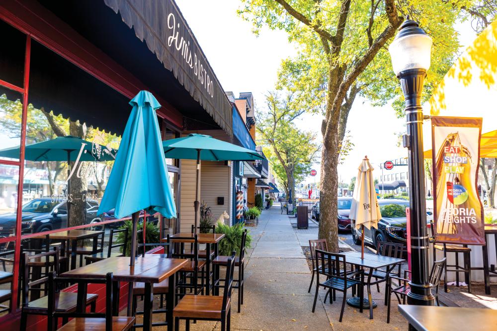 Streetscape outside Jim's Bistro in Peoria, Illinois.