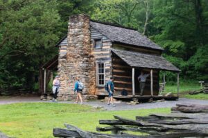 John Oliver Place at Cades Cove during Vehicle-Free Day in Great Smoky Mountains National Park in Townsend, TN.