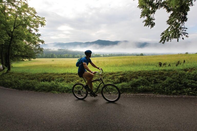 Cyclist ride the loop at Cades Cove during Vehicle-Free Day in Great Smoky Mountains National Park in Townsend, TN.
