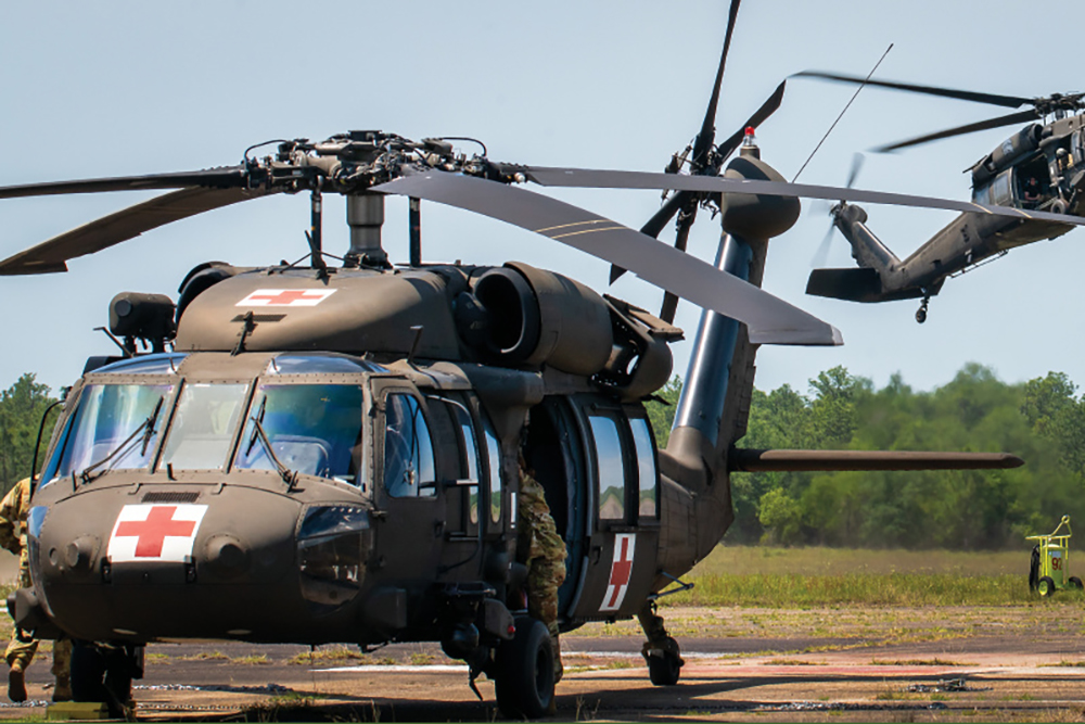 An Army Black Hawk helicopter lands during an open house event at Eglin Air Force Base.