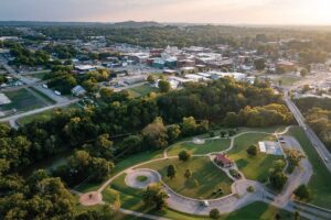 Aerial shot of green area at Riverwalk Park in the Greater Nashville Region.