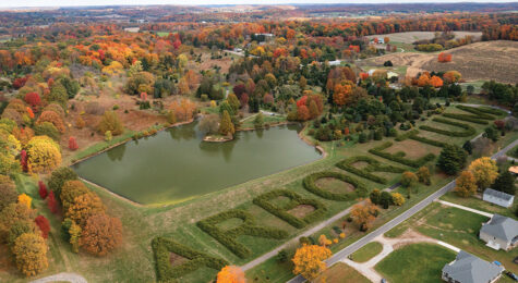 Hedge bushes form letters viewed from the air above the Dawes Arboretum in Newark, OH.
