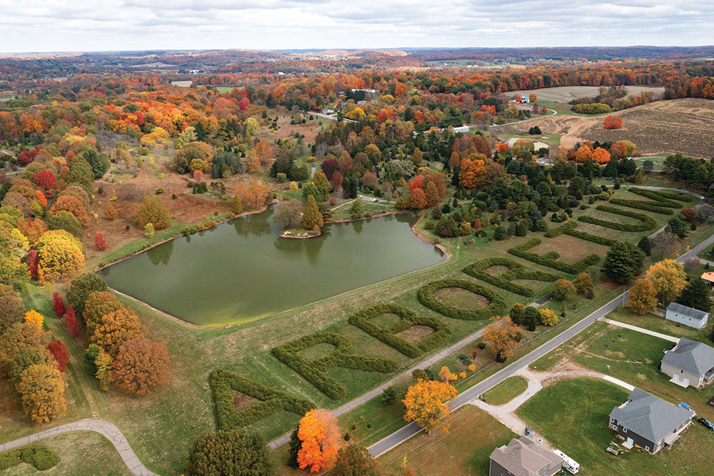 Hedge bushes form letters viewed from the air above the Dawes Arboretum in Newark, OH.