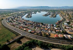 Aerial views of the Spring Valley Lake neighborhood of Victorville, California. Drone photo.