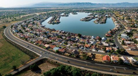 Aerial views of the Spring Valley Lake neighborhood of Victorville, California. Drone photo.