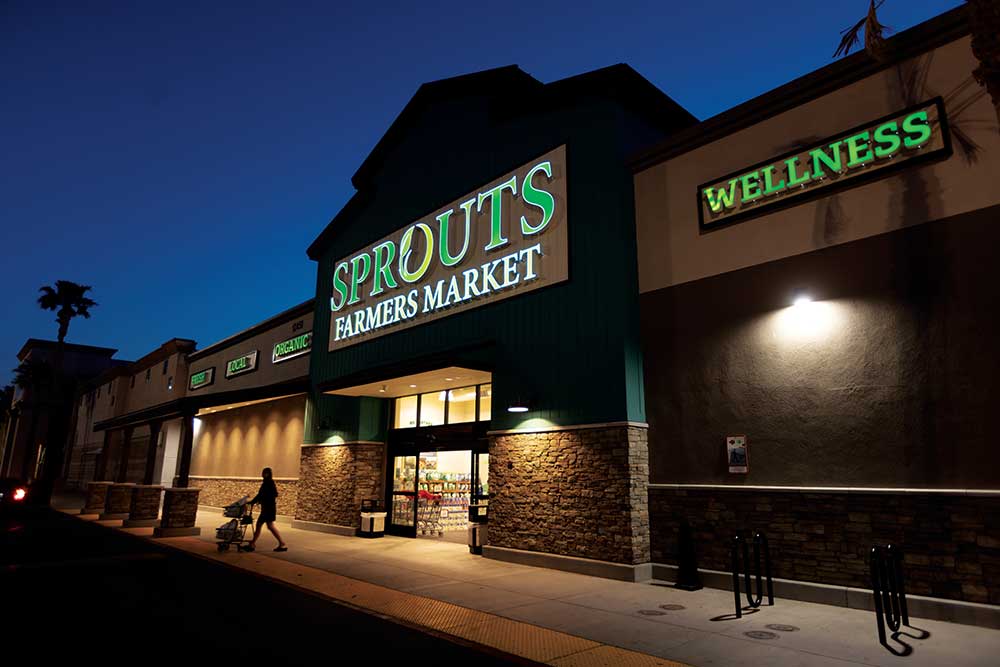 The new Sprouts Farmers Market at dusk in Victorville, California.