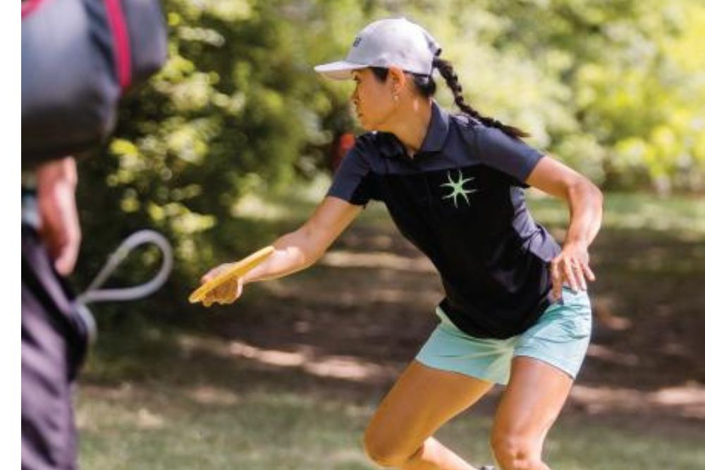 Woman competes in a disc golf tournament in Peoria, Illinois.