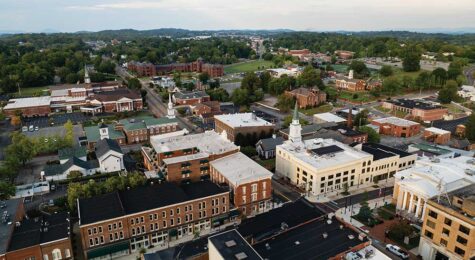 Aerial shot of the Main Street area of Johnson City, TN.