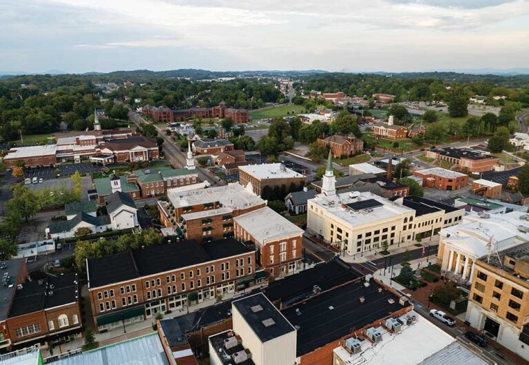 Aerial shot of the Main Street area of Johnson City, TN.