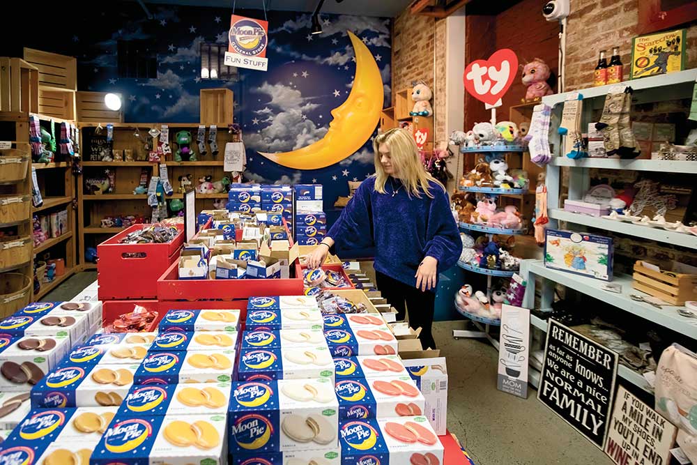An employee stocks the store with Moonpies at the Moonpie General Store in downtown Chattanooga, Tennessee.