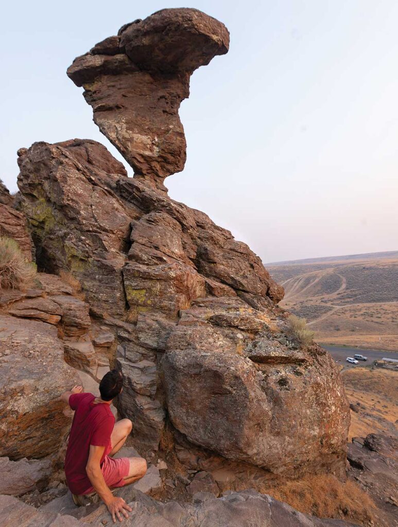 HIking around Balanced Rock which stands in Salmon Falls Creek Canyon near Buhl, Idaho.