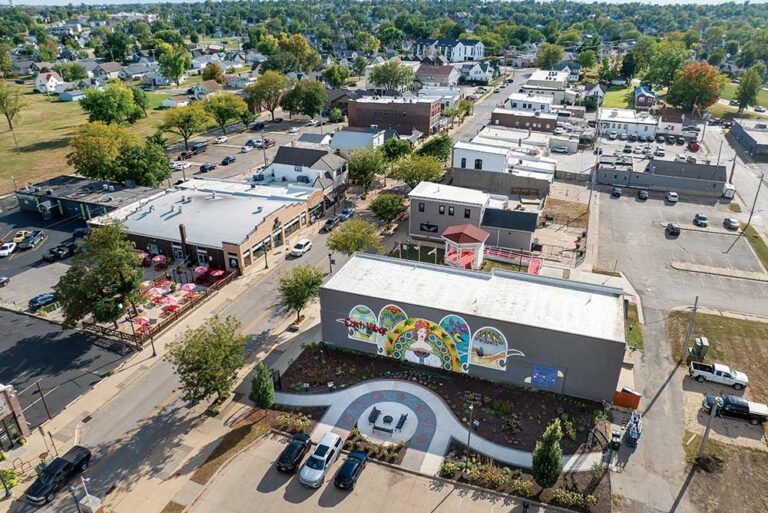 Aerial shot of murals in Cedar Rapids, IA