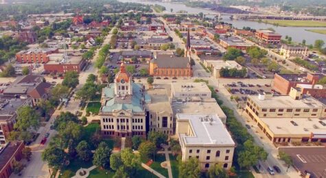 Summer in Green Bay Wisconsin, downtown aerial with courthouse.