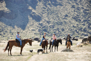 A group of horse riders take a trail through the foothills in Celebration Park near Nampa, ID.