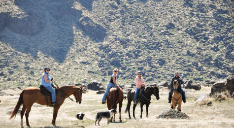 A group of horse riders take a trail through the foothills in Celebration Park near Nampa, ID.