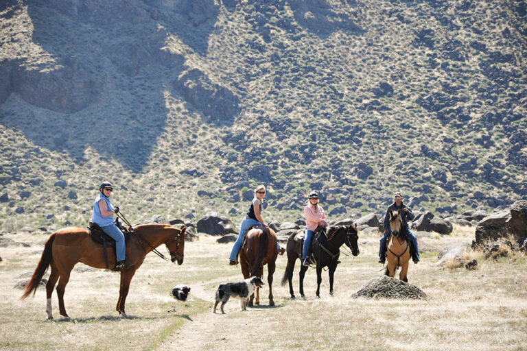 A group of horse riders take a trail through the foothills in Celebration Park near Nampa, ID.