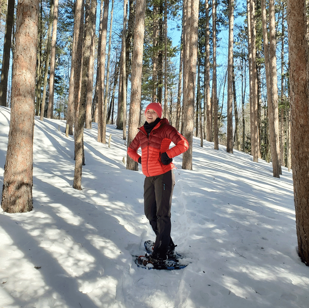 Jamie Van Buren snowshoes in Michigan's Upper Peninsula.