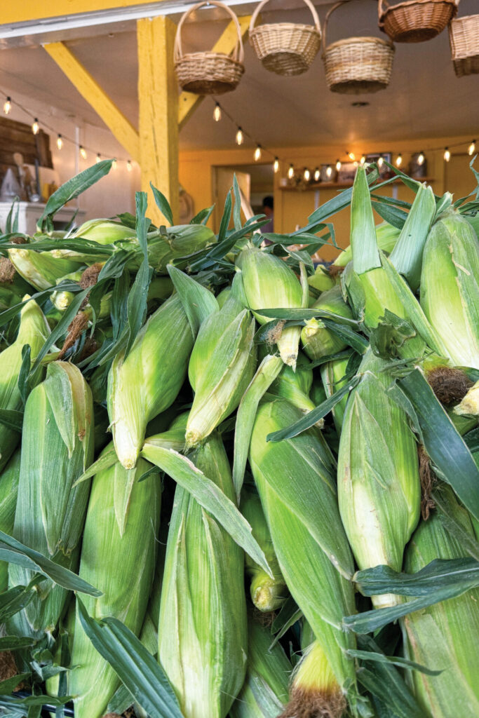Ears of corn stacked for sale at Wissel Farms in Nampa, ID.